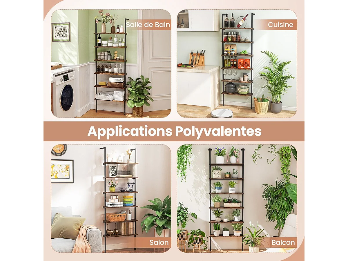 Bibliothèque Étagère Echelle à 6 Niveaux, Etagère Murale Cadre en Métal, Style Industriel, pour Bureau, Salon, Chambre, Cuisine, 20 x 60 x 183 cm (Brun Rustique)