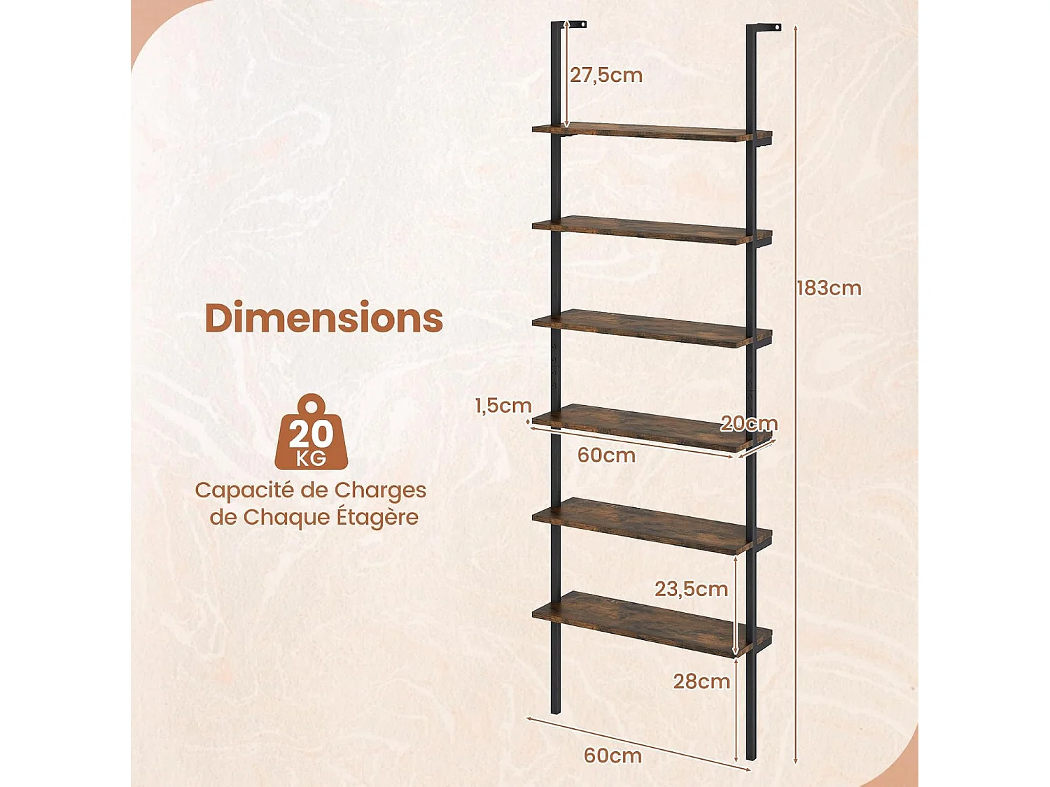 Bibliothèque Étagère Echelle à 6 Niveaux, Etagère Murale Cadre en Métal, Style Industriel, pour Bureau, Salon, Chambre, Cuisine, 20 x 60 x 183 cm (Brun Rustique)