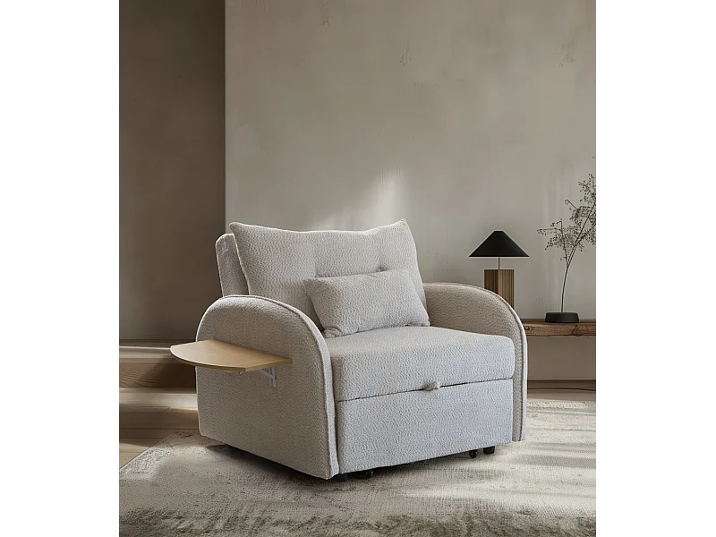 Sofá cama de 88x113-125x95-220 cm de tela en color beige con bandeja lateral plegable Thor