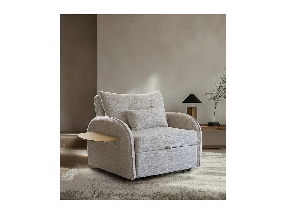Sofá cama de 88x113-125x95-220 cm de tela en color beige con bandeja lateral plegable Thor