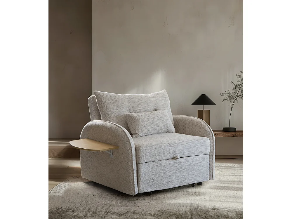 Sofá cama de 88x113-125x95-220 cm de tela en color beige con bandeja lateral plegable Thor