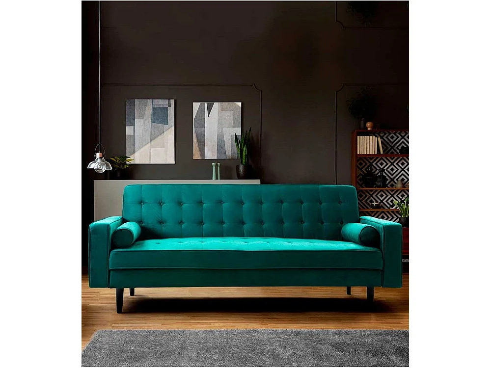 Sofá cama de 3 plazas de 100x210x89 cm de terciopelo en color verde y patas negras Green