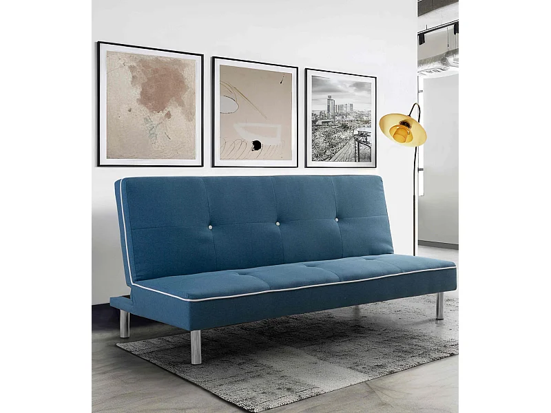 Sofá cama clic clac de 87x190x88 cm de tela en color azul y patas de metal plateadas Sol