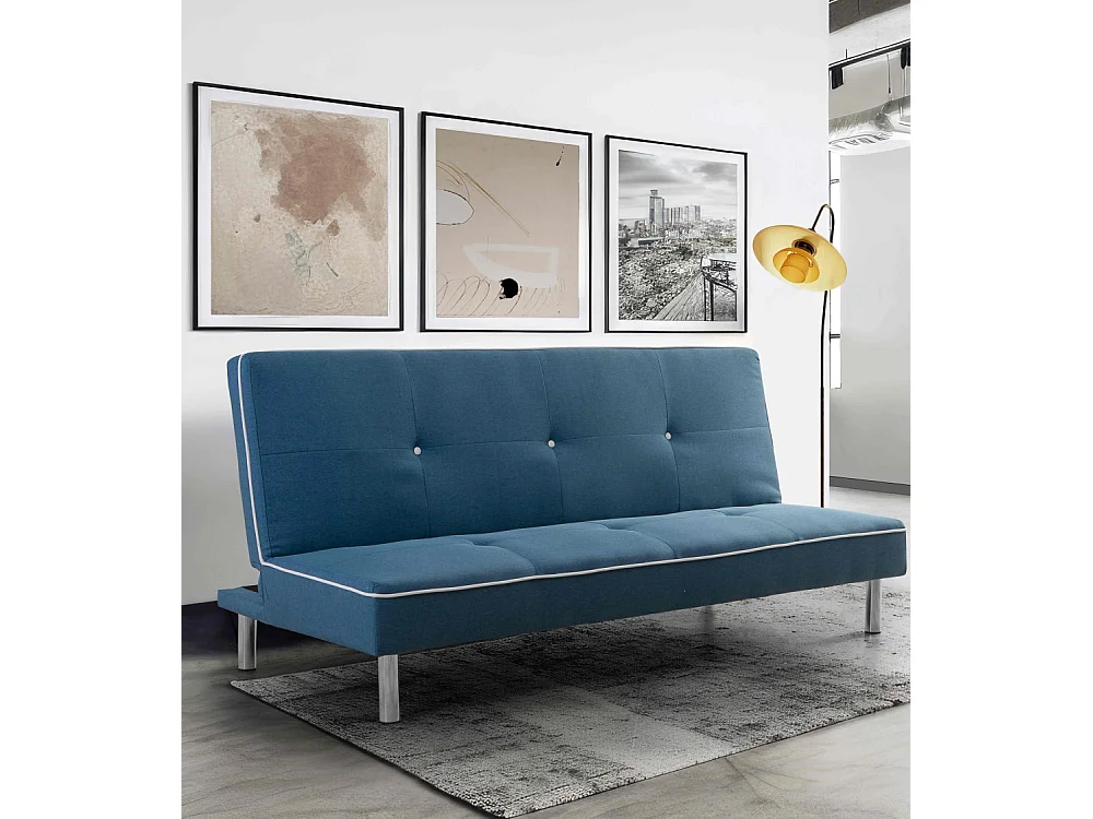 Sofá cama clic clac de 87x190x88 cm de tela en color azul y patas de metal plateadas Sol