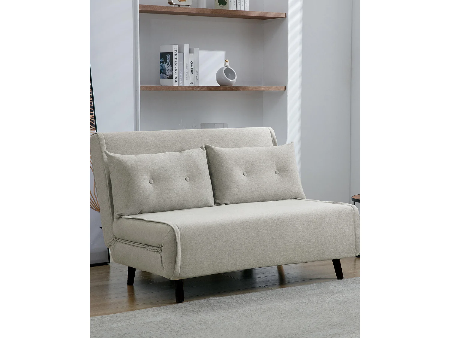 Sofá convertible en cama Pegaso abertura rápida de 2 plazas de tela en beige y patas  altas negras