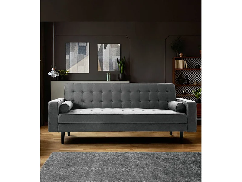 Sofá cama de 3 plazas de 100x210x89 cm de terciopelo en color gris y patas negras Green
