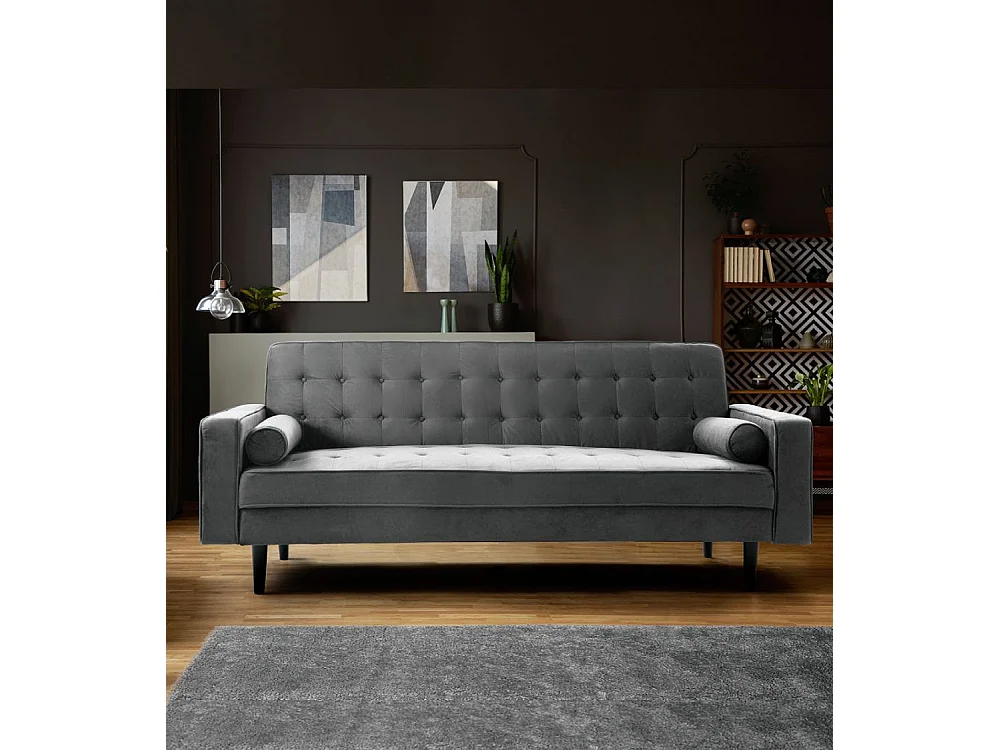 Sofá cama de 3 plazas de 100x210x89 cm de terciopelo en color gris y patas negras Green