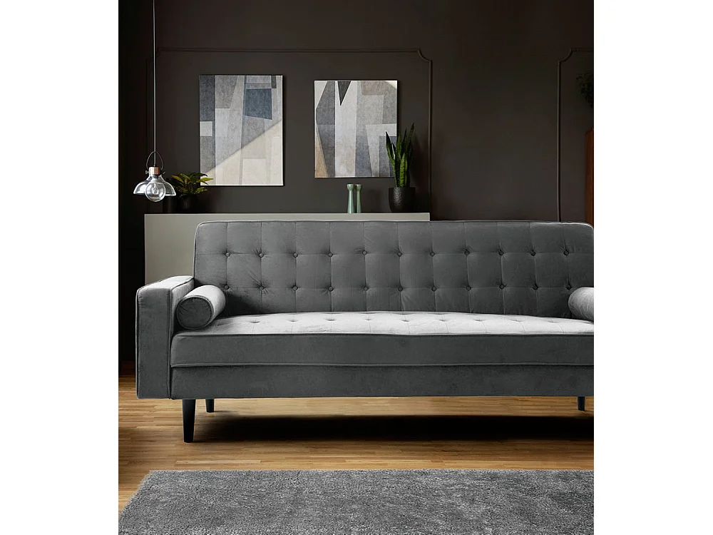 Sofá cama de 3 plazas de 100x210x89 cm de terciopelo en color gris y patas negras Green