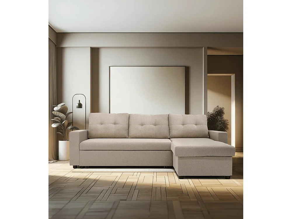 Sofá chaise longue reversible de 3 plazas de 90x229x148 cm de tela beige y arcón Clony II