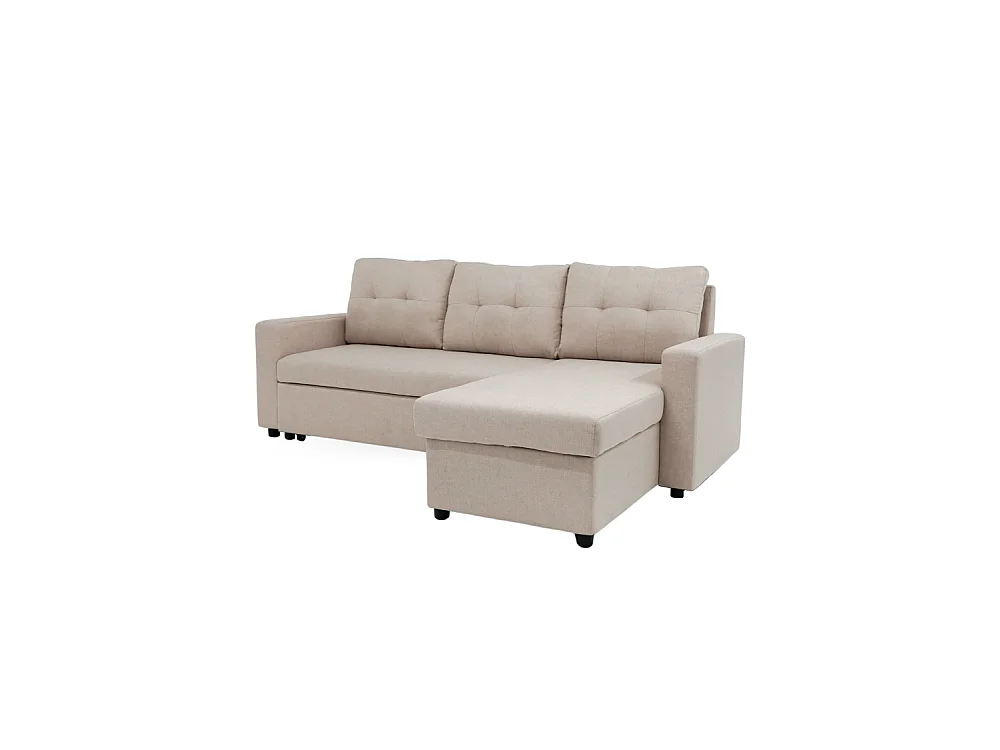 Sofá chaise longue reversible de 3 plazas de 90x229x148 cm de tela beige y arcón Clony II