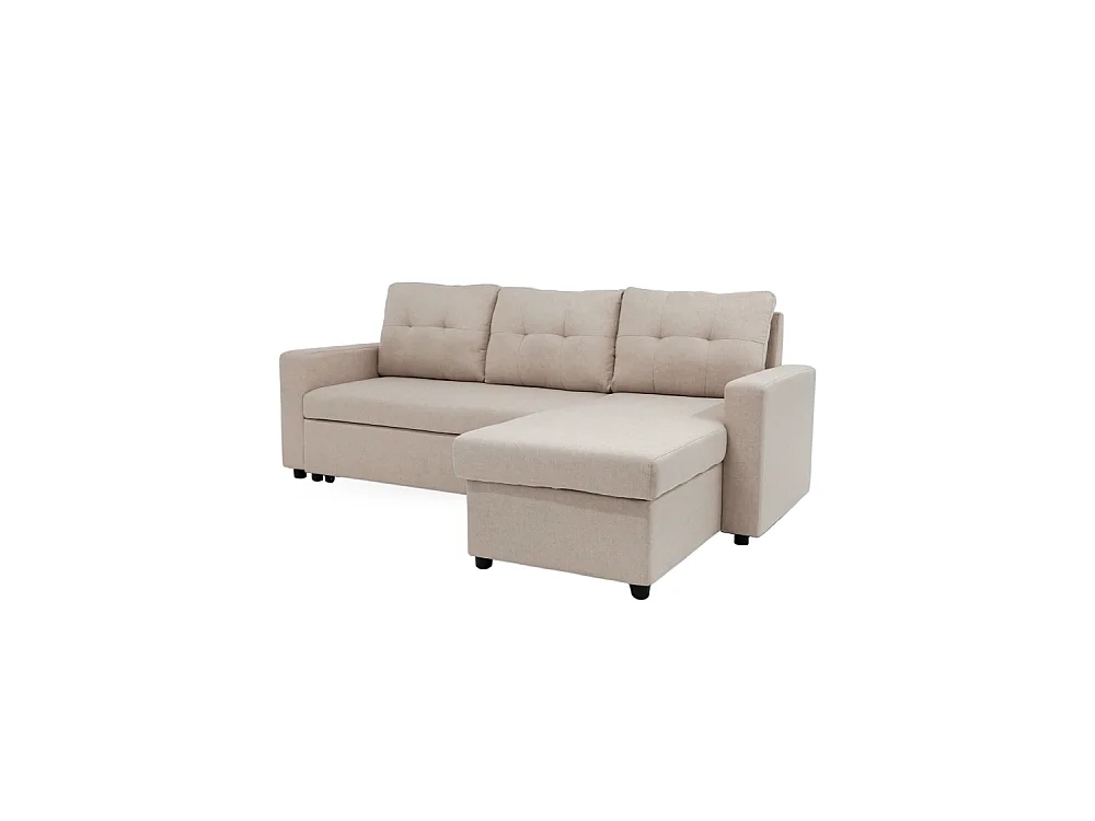 Sofá chaise longue reversible de 3 plazas de 90x229x148 cm de tela beige y arcón Clony II