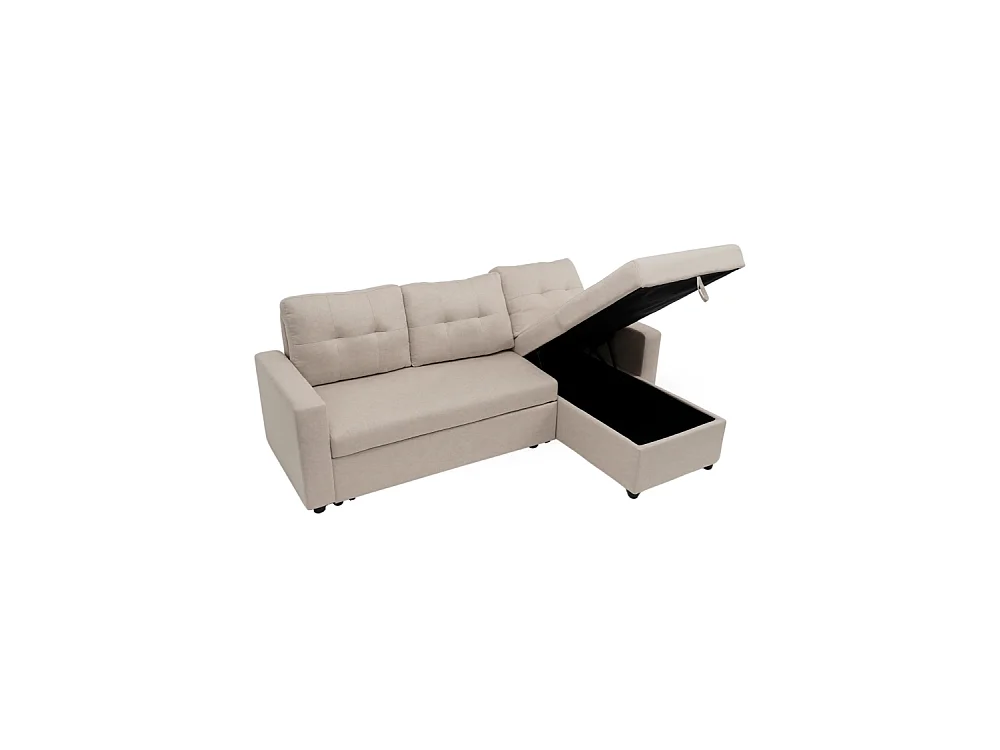 Sofá chaise longue reversible de 3 plazas de 90x229x148 cm de tela beige y arcón Clony II