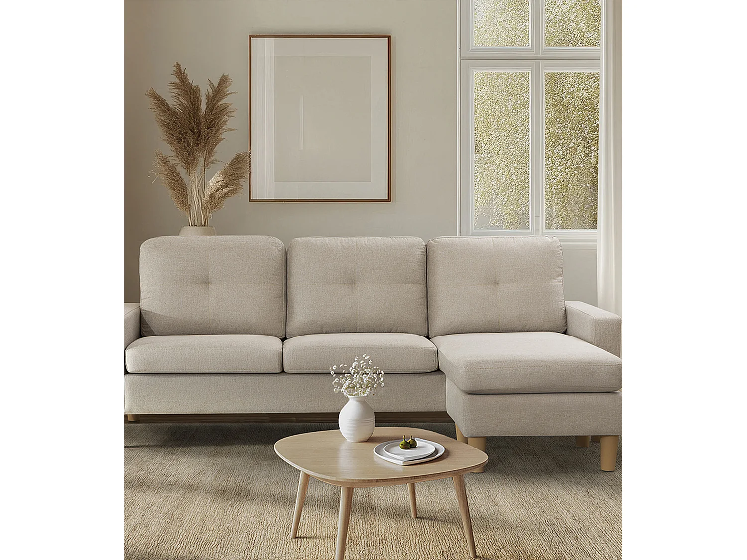 Sofá chaise longue de 87x184x74 cm de tela en color beige y patas de imitación madera en beige Clin