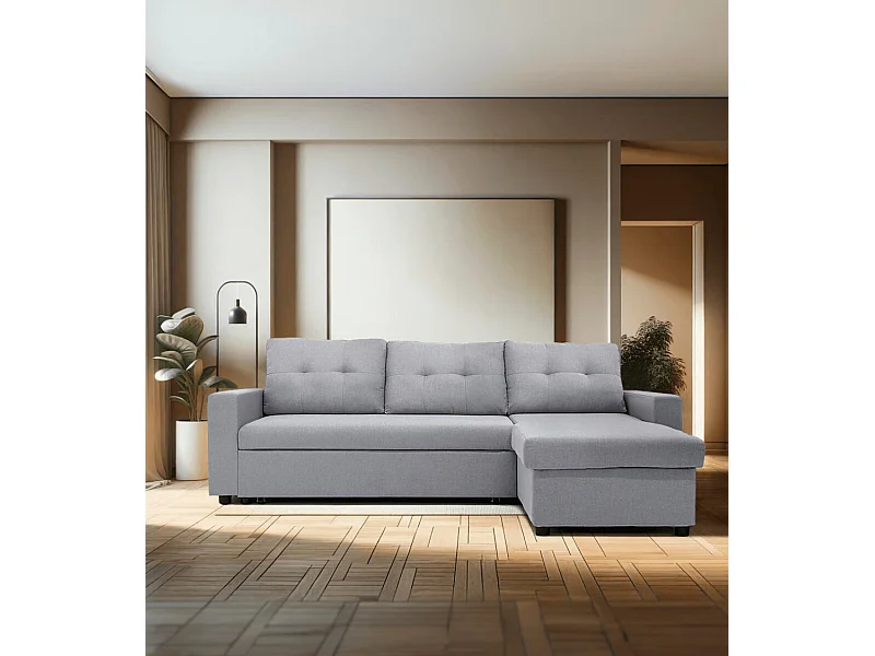 Sofá chaise longue reversible de 3 plazas de 90x229x148 cm de tela gris y arcón Clony II