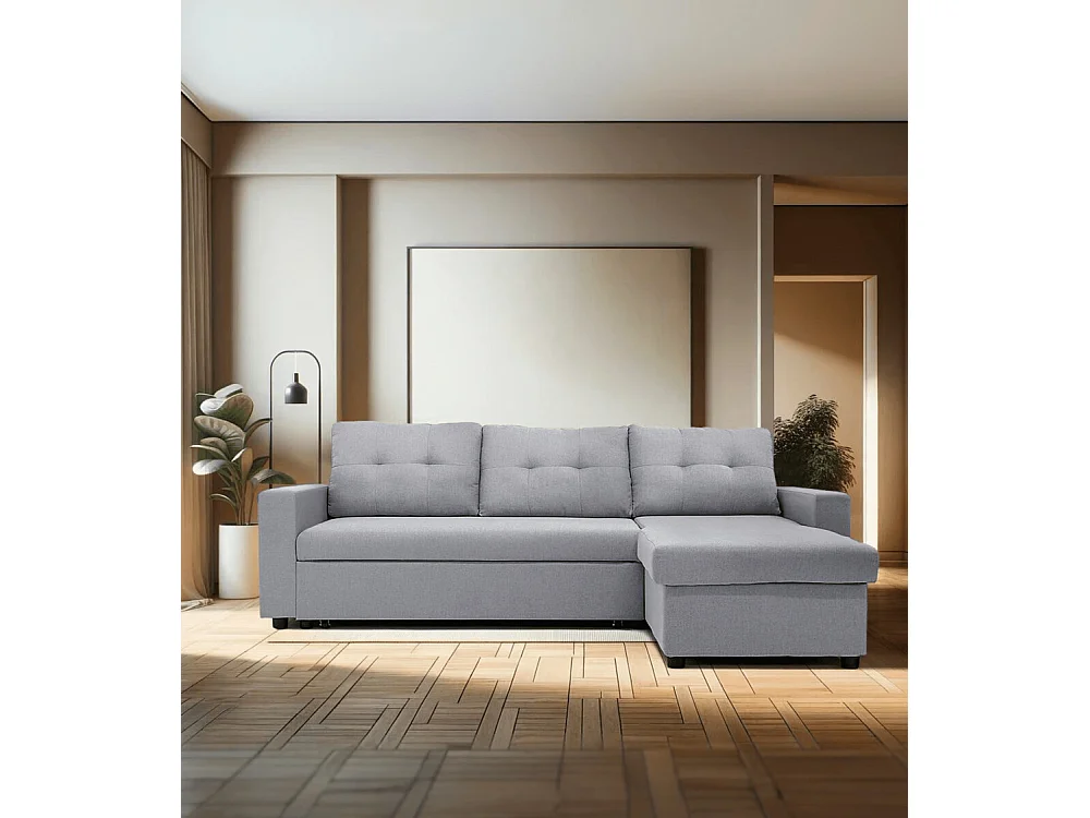 Sofá chaise longue reversible de 3 plazas de 90x229x148 cm de tela gris y arcón Clony II