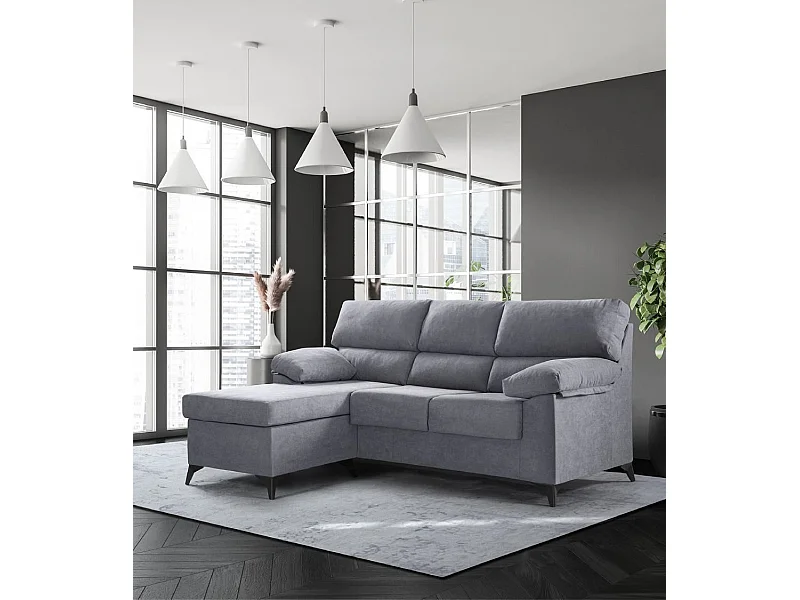 Sofá Chaise Longue de 100x200x157 cm de tela en color gris y patas en color negro Hilton