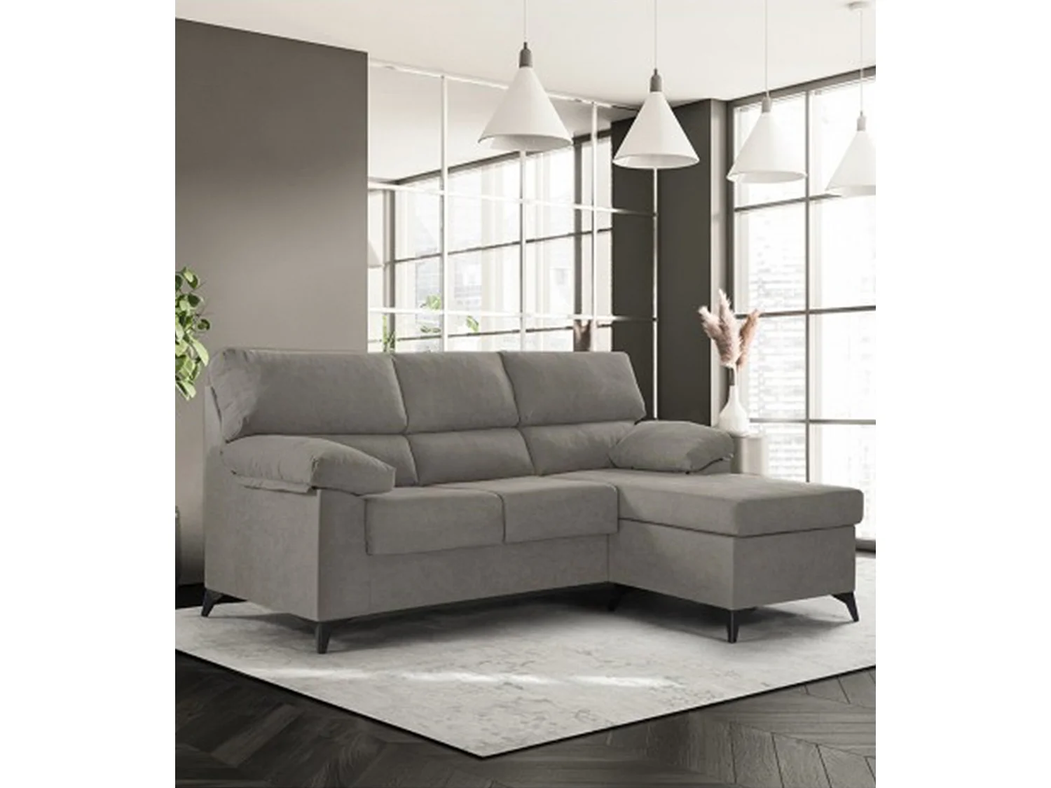 Sofá Chaise Longue de 100x241x157 cm de tela beige tostado y patas en color negro Hilton