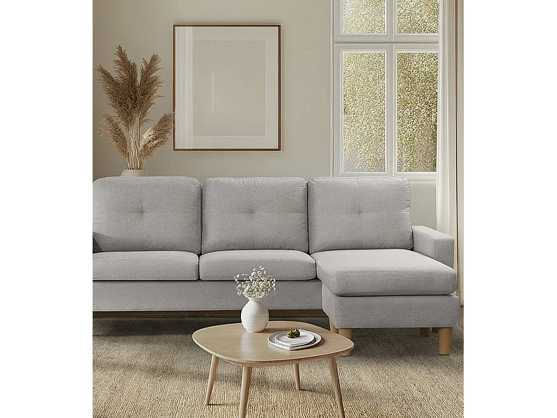 Sofá chaise longue de 87x184x74 cm de tela en color gris y patas de imitación madera en beige Clin