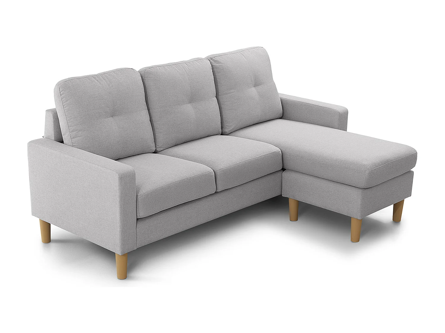 Sofá chaise longue de 87x184x74 cm de tela en color gris y patas de imitación madera en beige Clin