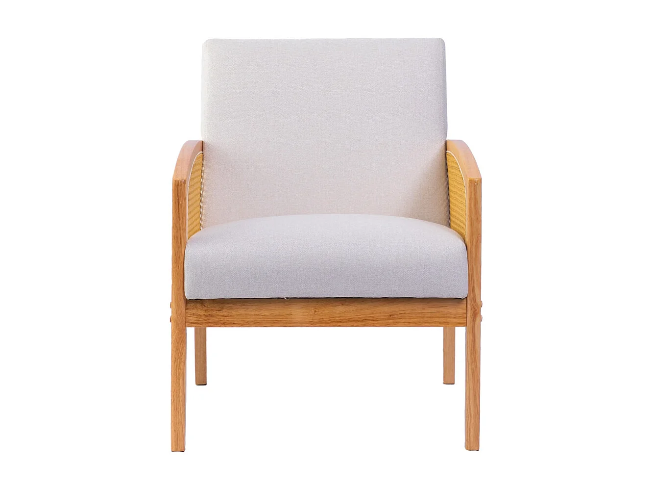 Butaca de de tela en color blanco y estructura de madera y ratán en color beige Cien