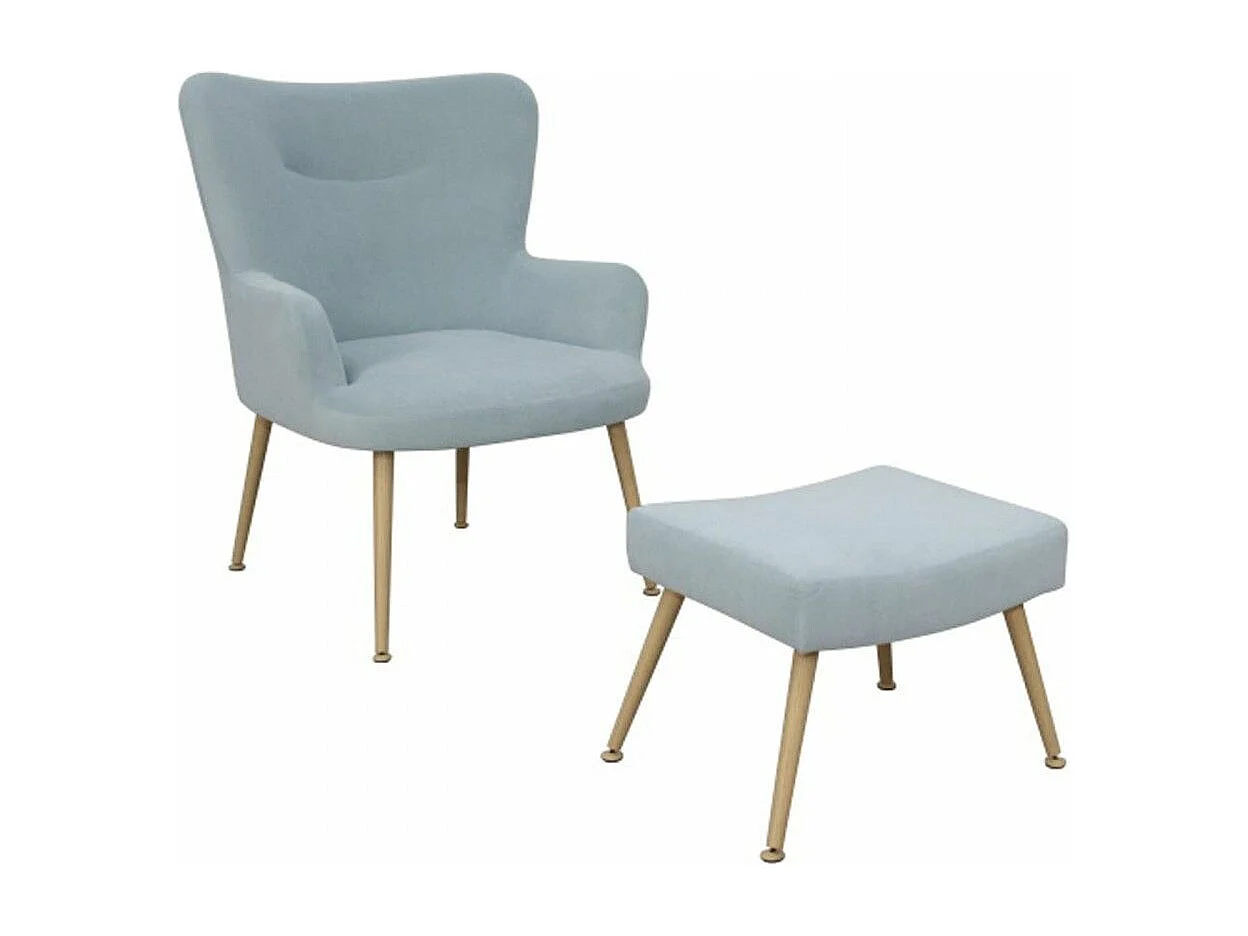 Butaca y pouf de 89x69x70 cm y 35x37x45,5 cm de tela en azul cielo y patas de metal India