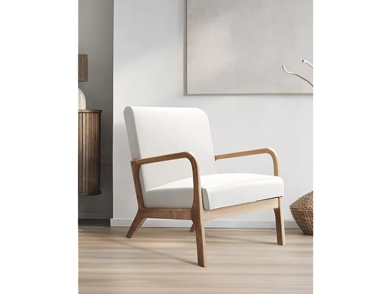 Butaca de 78x65x75 cm con estructura de madera maciza y tela en color blanco Nicole