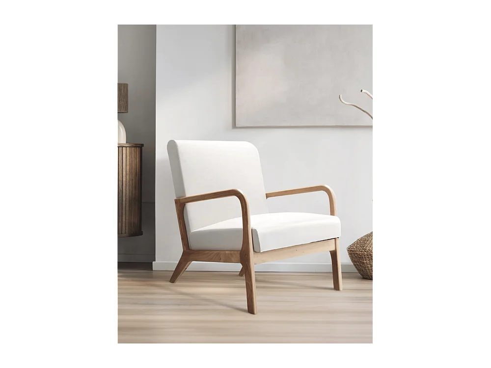 Butaca de 78x65x75 cm con estructura de madera maciza y tela en color blanco Nicole