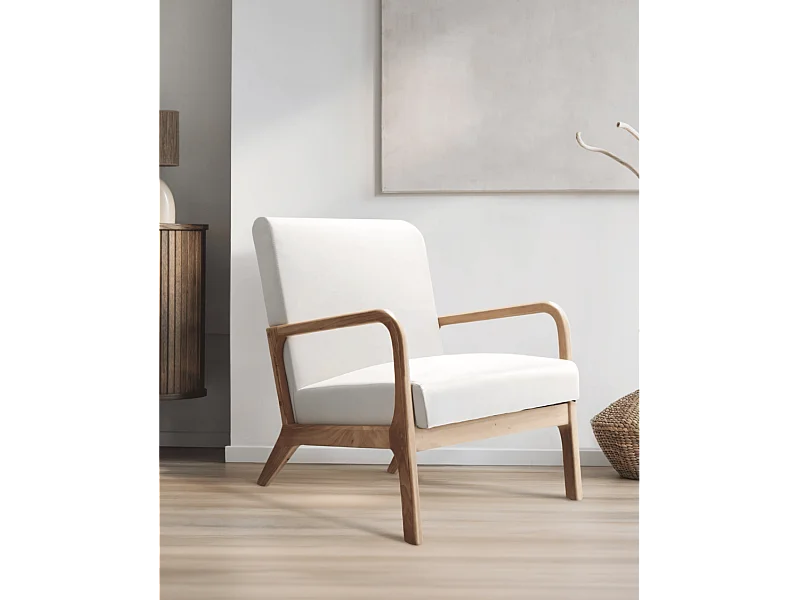 Butaca de 78x65x75 cm con estructura de madera maciza y tela en color blanco Nicole