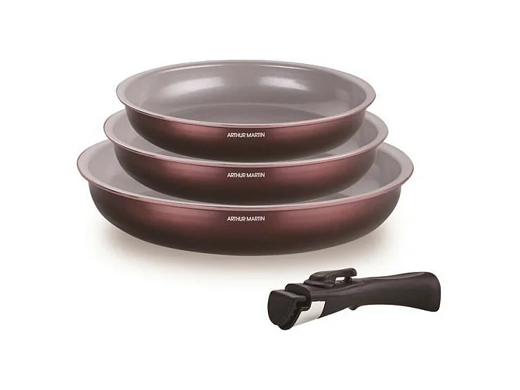 Set de 3 poêles ARTHUR MARTIN avec revêtement céramique et poignée amovible, compatibles tous feux dont induction