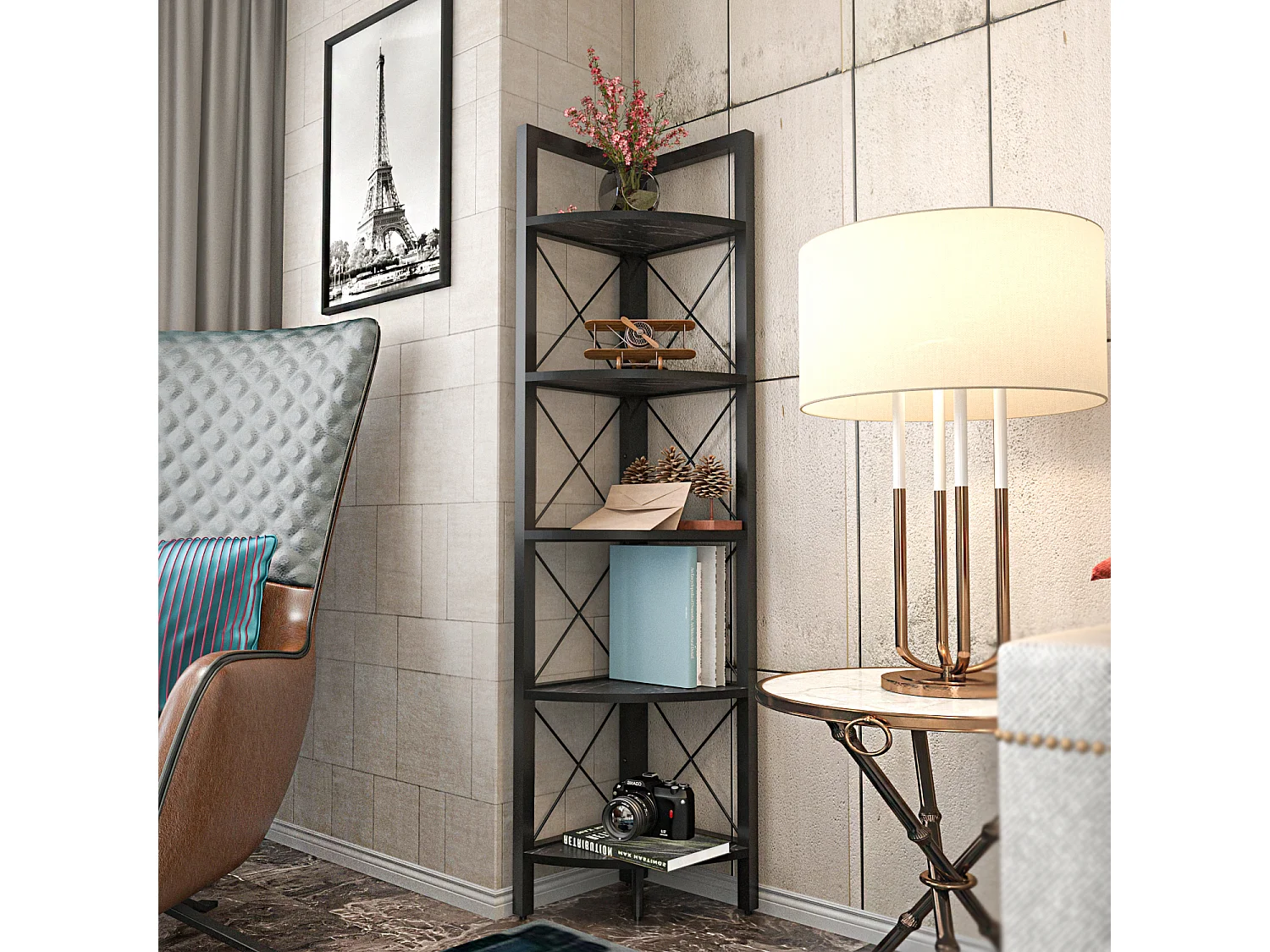 Bibliothèque d`angle Rémo cadre en métal 5-étagères (Effet marbre noir et Noir)