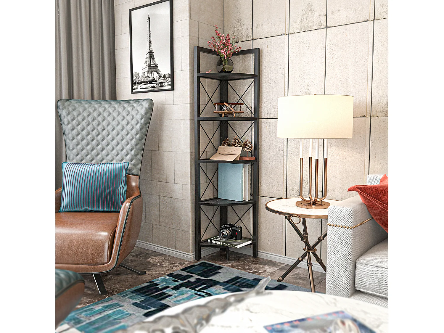 Bibliothèque d`angle Rémo cadre en métal 5-étagères (Effet marbre noir et Noir)