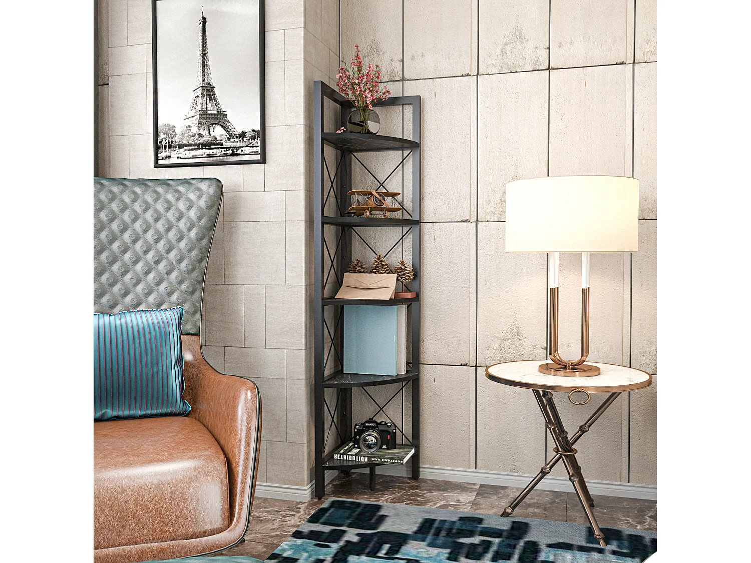Decorotika Remo Corner Bookcase 5-tier Metal Frame - 160 cm H x 33 cm W x 30.5 cm D