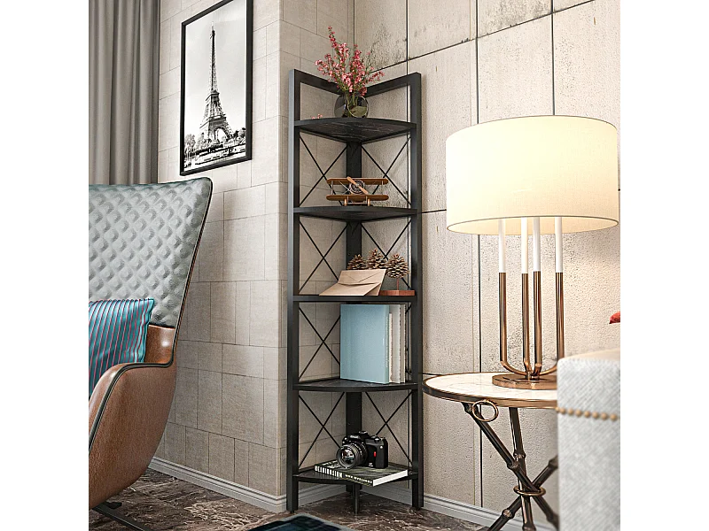 Bibliothèque d`angle Rémo cadre en métal 5-étagères (Effet marbre noir et Noir)