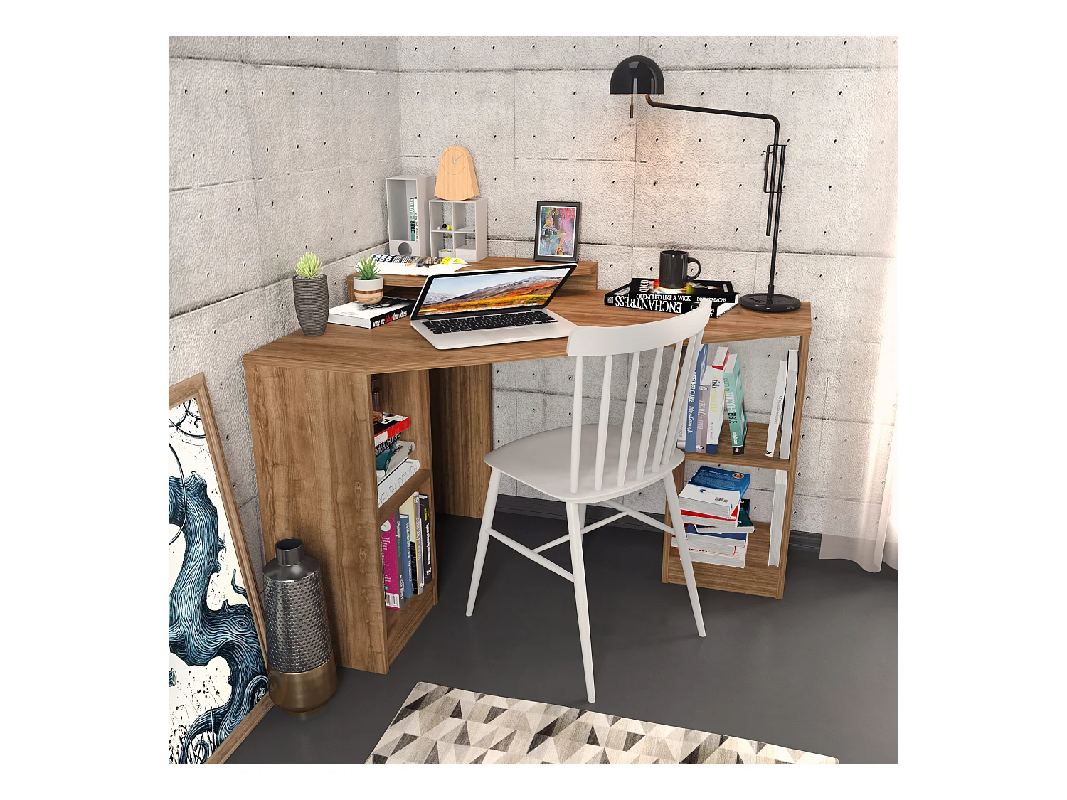 Bureau d'angle Flot 120 cm - Etagères ouvertes - Stand d'écran