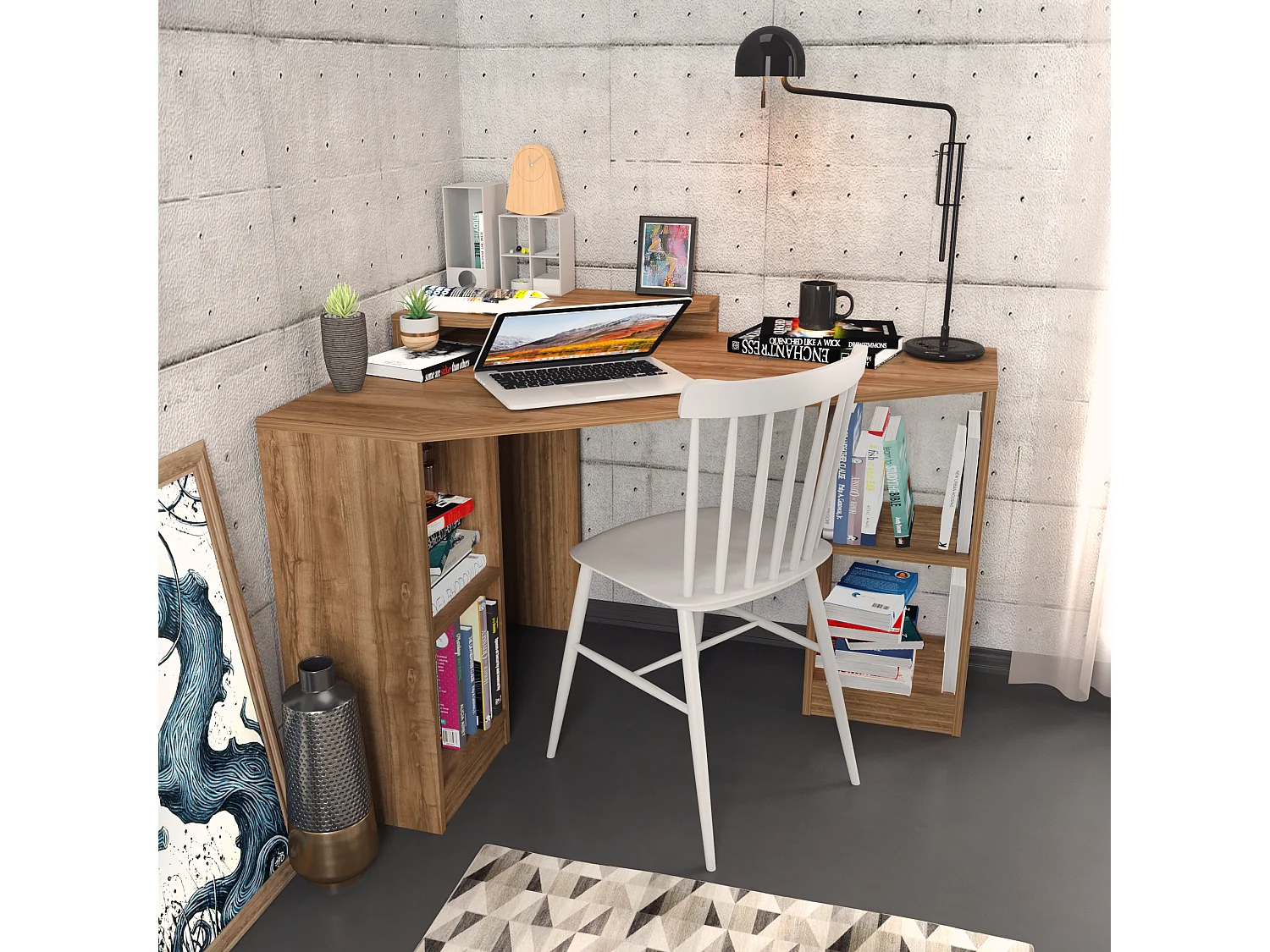 Bureau d'angle Flot 120 cm - Etagères ouvertes - Stand d'écran