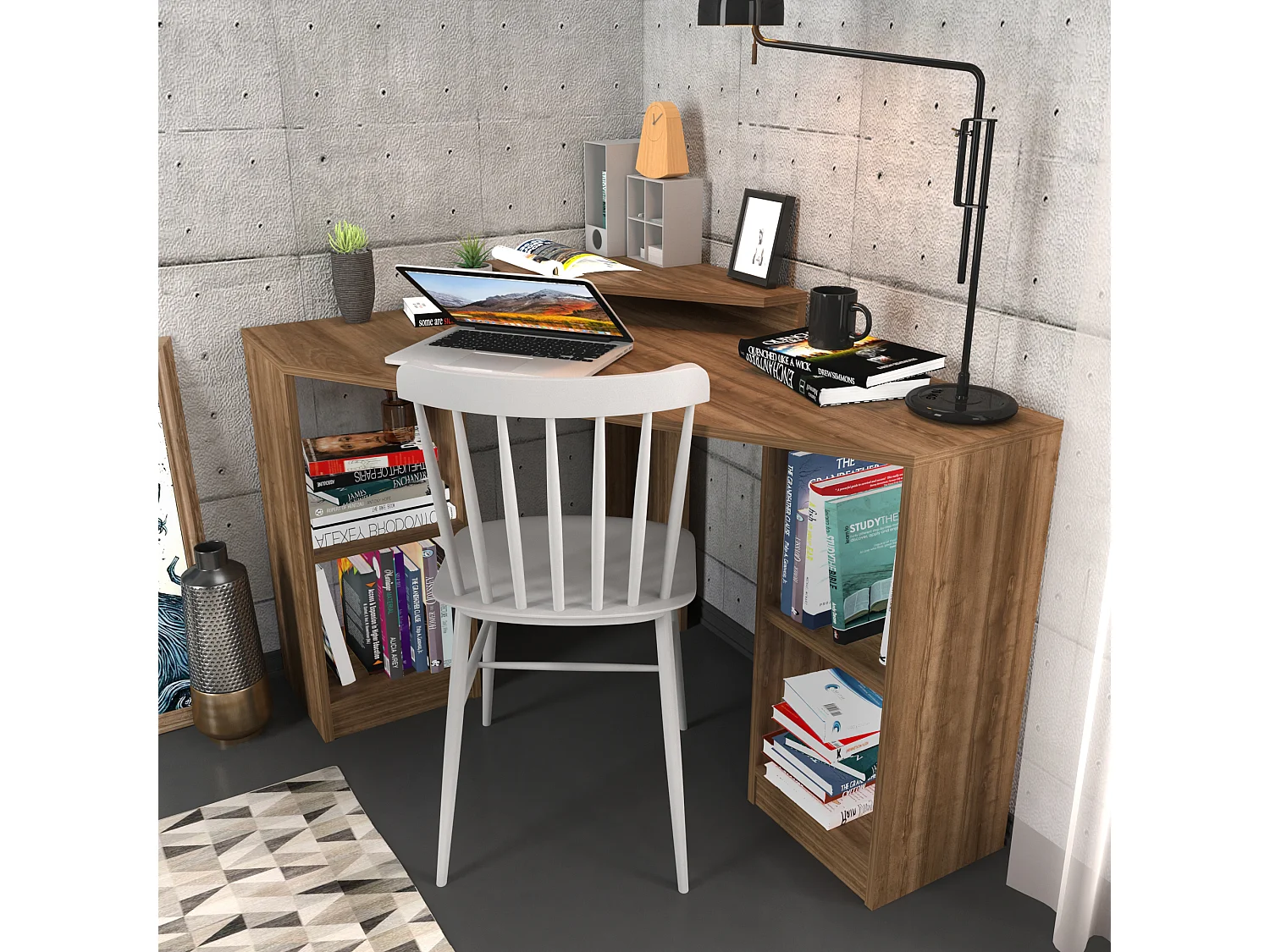 Bureau d'angle Flot 120 cm - Etagères ouvertes - Stand d'écran