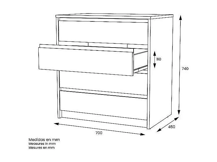 Cajonera 4 cajones Toledo acabado en roble cortez. 74cm(alto) 70cm(ancho) 45cm(fondo)
