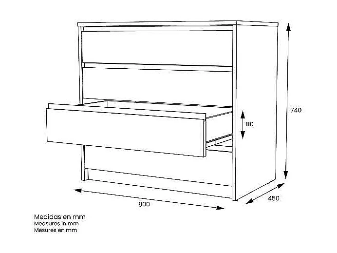 Cajonera 4 cajones Toledo acabado en roble cortez. 74cm(alto) 80cm(ancho) 45cm(fondo)