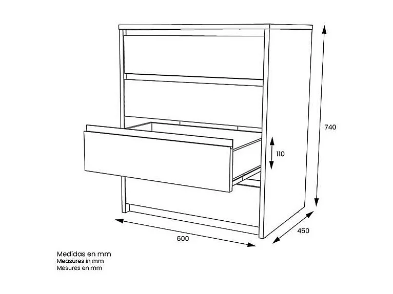 Cajonera 4 cajones Toledo acabado en roble cortez. 74cm(alto) 60cm(ancho) 45cm(fondo)