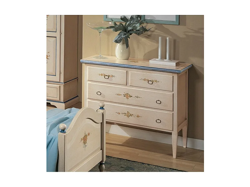 MOBILI 2G - COMO 4 CASSETTI BIANCO FILO BLU IN LEGNO 110x51x90 (1322)