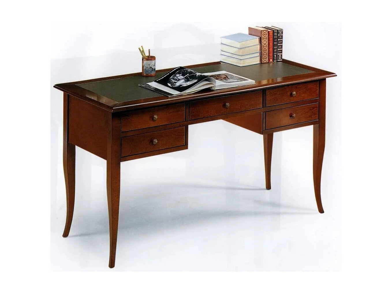 MOBILI 2G - SCRIVANIA ARTE POVERA PIANO PELLE LEGNO TINTA NOCE 130x65x81 (135)