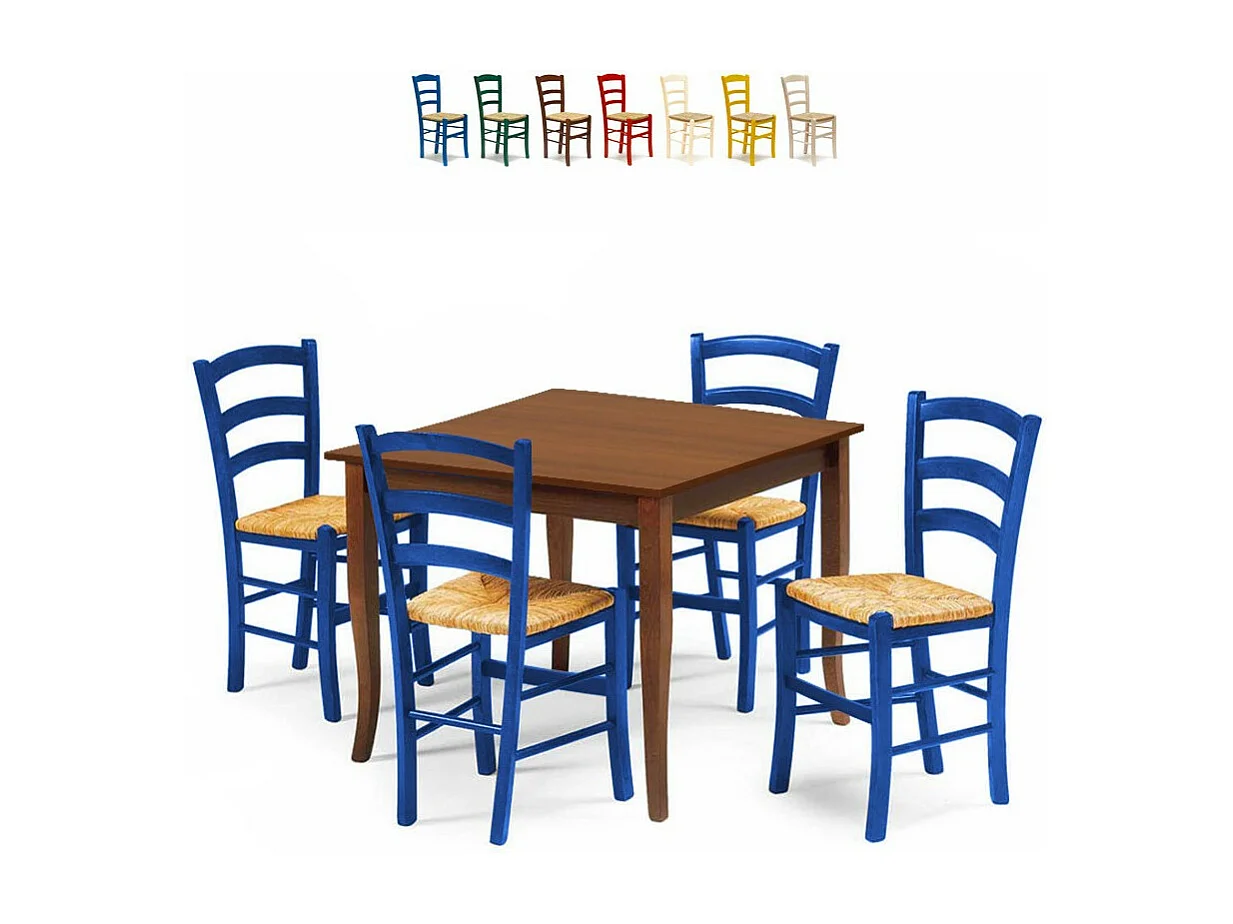 MOBILI 2G - Set tavolo legno 80x80 + 4 sedie legno Shabby Azzurro