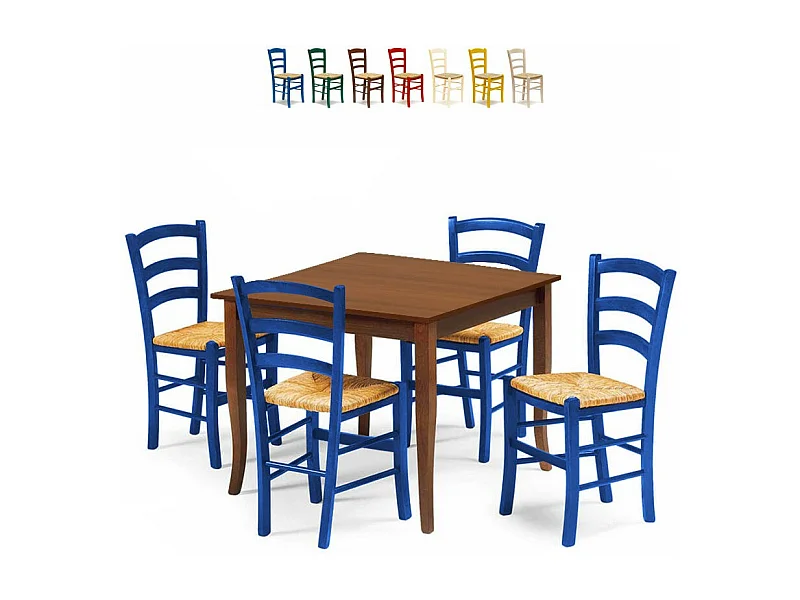 MOBILI 2G - Set tavolo legno 80x80 + 4 sedie legno Shabby Azzurro