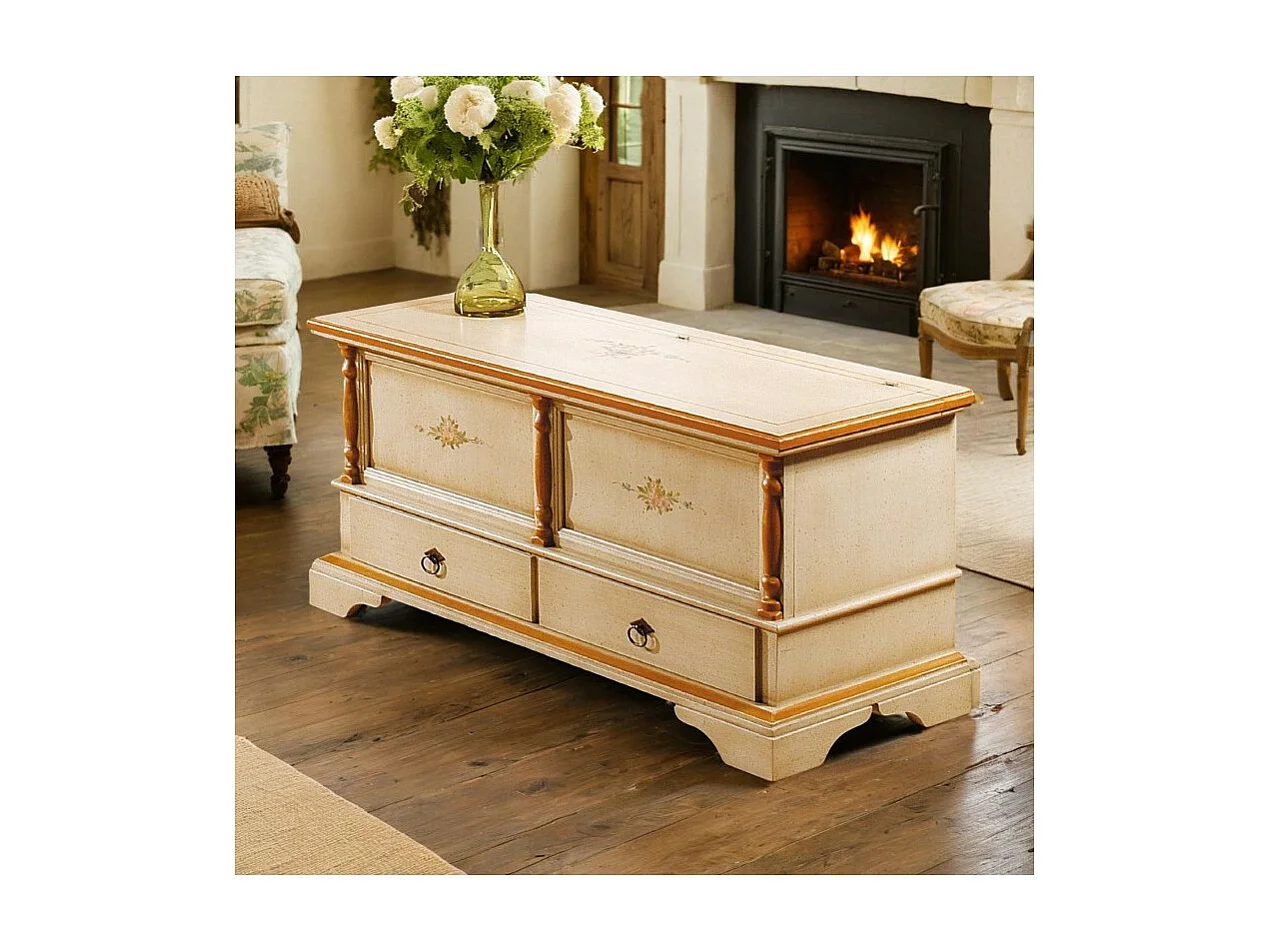 MOBILI 2G - Cassapanca in legno 2 cassetti avorio con profilo ocra L.120 x P.46 H.51 (1347)