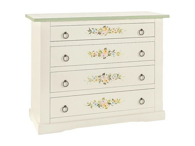 MOBILI 2G - Cassettiera 4 cassetti legno shabby bianco decori 115x50X90 (498)
