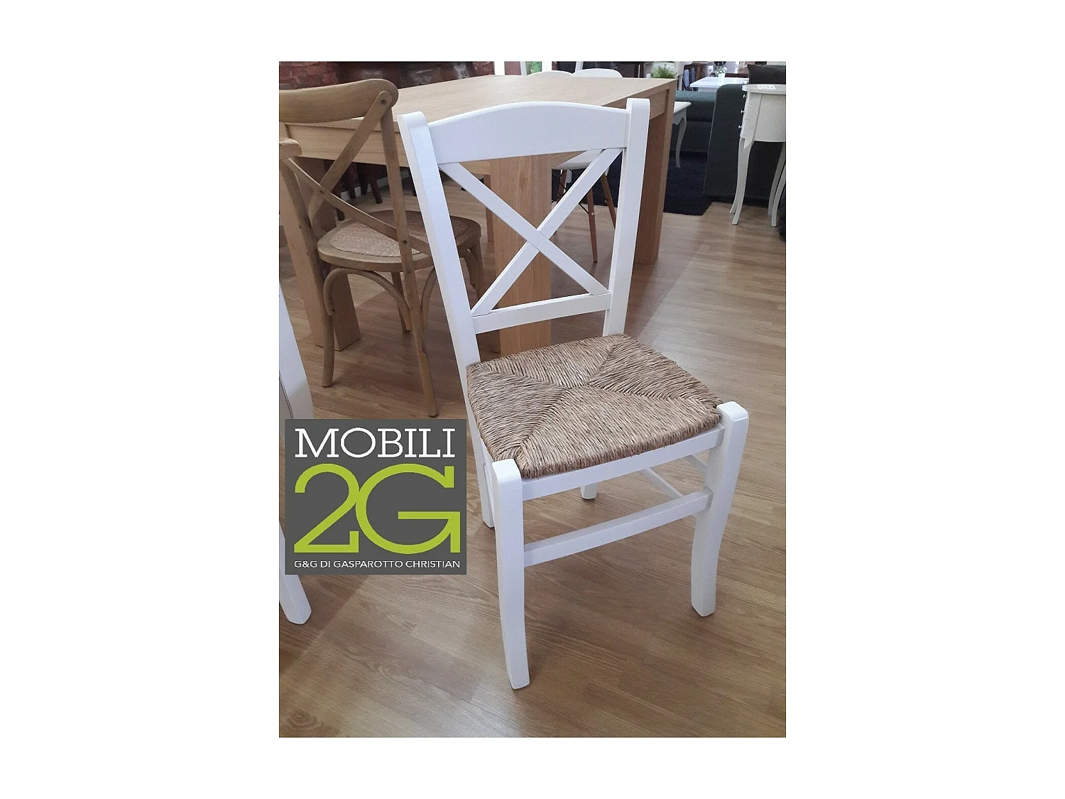MOBILI 2G - SET 2 SEDIE SHABBY CROCE LEGNO/PAGLIA LACCATO BIANCO (714)
