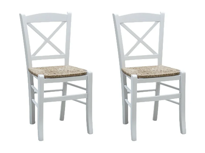 MOBILI 2G - SET 2 SEDIE SHABBY CROCE LEGNO/PAGLIA LACCATO BIANCO (714)