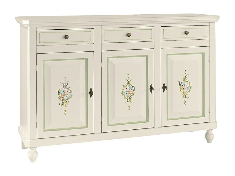 MOBILI 2G - MADIA CREDENZA 3 ANTE NAPOLETANA BIANCO CON DECORI E PROFILI VERDI L.150 P.43 H.98 (493)