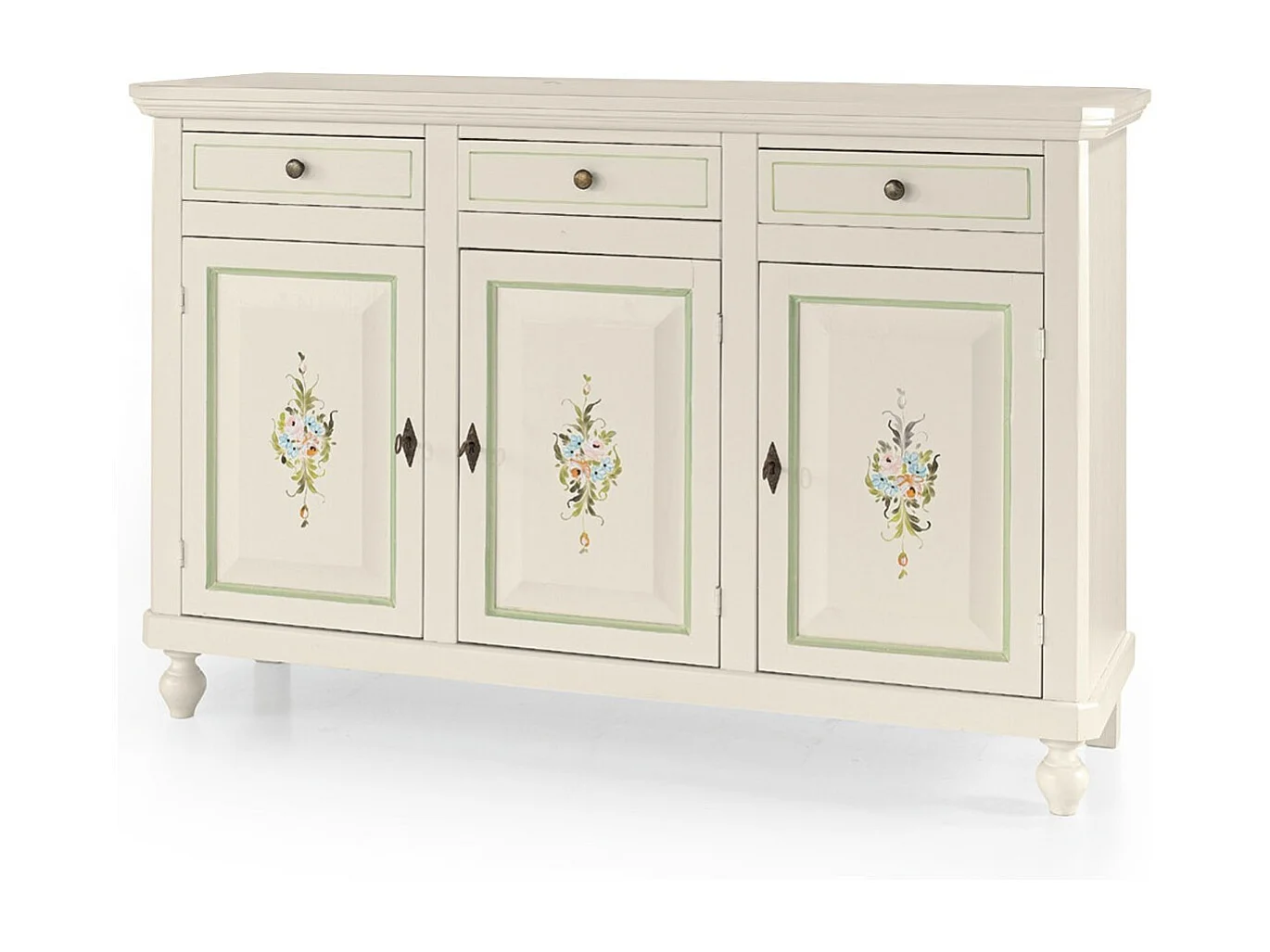MOBILI 2G - MADIA CREDENZA 3 ANTE NAPOLETANA BIANCO CON DECORI E PROFILI VERDI L.150 P.43 H.98 (493)