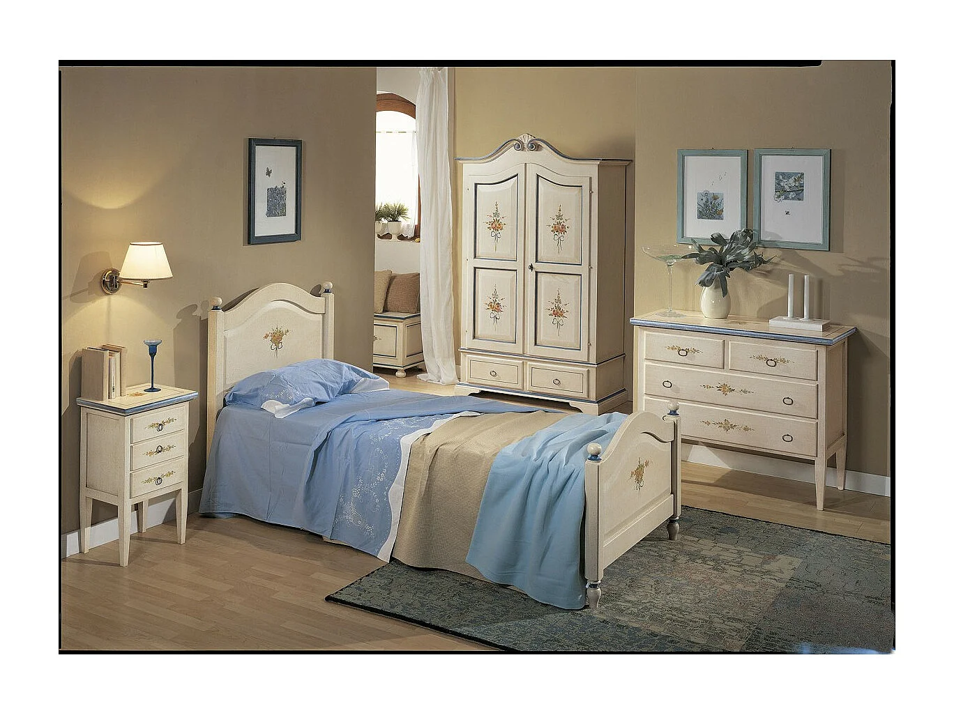 MOBILI 2G - LETTO SAGOMATO SINGOLO  BIANCO FILO BLU IN LEGNO 99x212x112 (1324)